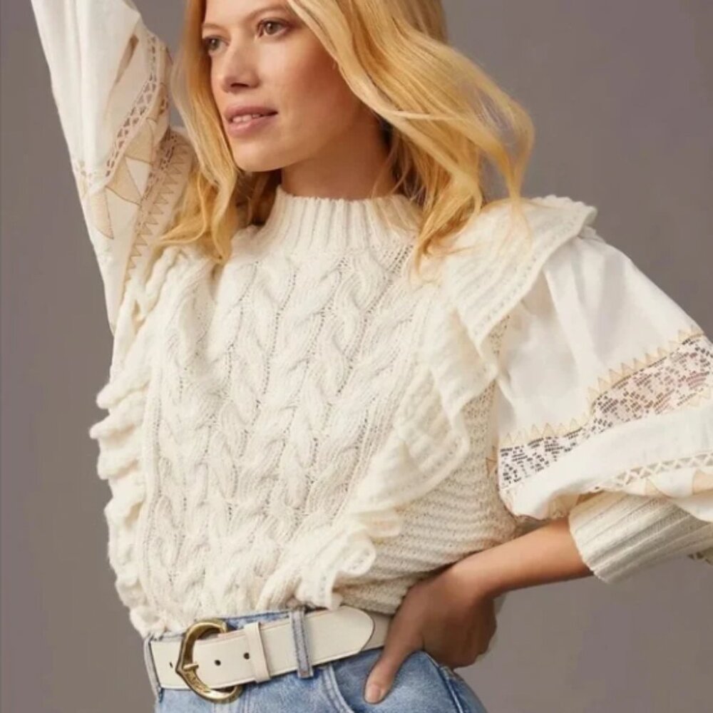 Anthropologie Cable Knit Ruffle Puff Sleeve Lace Sweater Ivory
